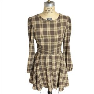 Brown Plaid Vintage Style Midi Dress